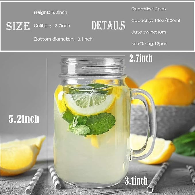 Mason Jar Cups, Mason Jars With Handle And Lids, Drinking Glasses Cups, Glass Mugs with Handles 16 oz –12 Pack