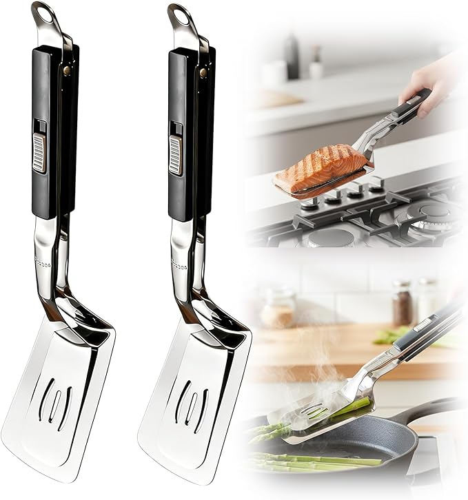 2026 New Stainless Steel Grill Clamp, Upgrade 13.3 Inch Anti-Scald Extended Handle Spatula Tong, Multi-Functional Stainless Steel Barbecue Clamp Food for Flipping Steak Fish Bread BBQ Frying (2pcs)