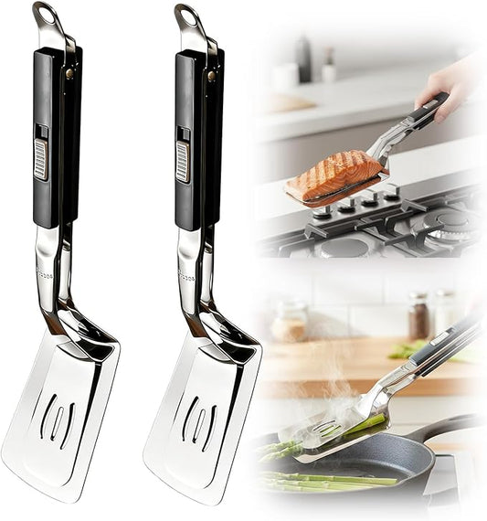 2026 New Stainless Steel Grill Clamp, Upgrade 13.3 Inch Anti-Scald Extended Handle Spatula Tong, Multi-Functional Stainless Steel Barbecue Clamp Food for Flipping Steak Fish Bread BBQ Frying (2pcs)