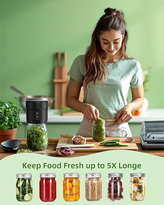 Mason Jar Vacuum Sealer Kit, Electric Mason Jar Vacuum Sealer Kit, Jar Vacuum Sealer for Mason Jars, Double Cordless Automatic Vacuum Sealer, with Wide & Regular Mouth Mason Lids for Food Storage