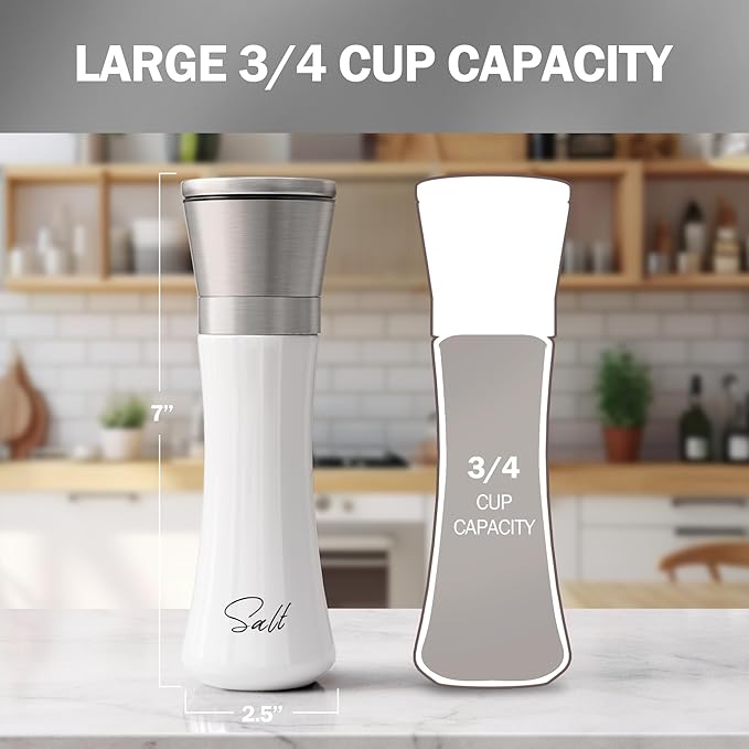 HOME EC Stainless Steel Salt and Pepper Grinder Set of 2 - Adjustable Ceramic Sea Salt Grinder & Pepper Grinder - Glass Salt and Pepper Shakers - Pepper Mill & Salt Mill W/Funnel - Black and White