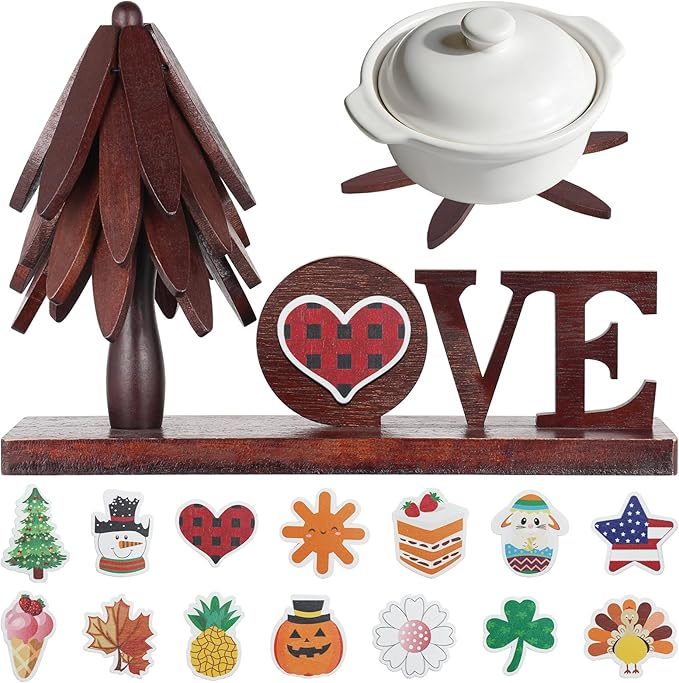 Wooden Trivets for Hot Dishes, 4 Piece Set Foldable Kitchen Wooden Trivet Interchangeable Love Sign, for Hot Dishes, Pot, Bowl, Teapot, Hot Pot Holder, for Home Table Valentines Day Mom Decor.