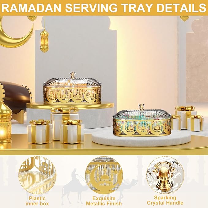 2 Pcs Ramadan Trays with Lid Eid Mubarak Gold Plates Dishes Table Decoration Muslim Islamic Serving Trays Metal Dessert Storage Container for Celebration (Ramadan Moon)