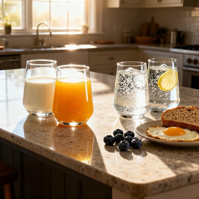 Modern Glass Drinking Cups Set, Clear Crystal Stemless Tumblers, 13.2 oz Capacity, 4.53 inch Height, 4 Pack (Transparent glass cup) Kitchen Water Iced Tea Juice Milk Beverage Glass