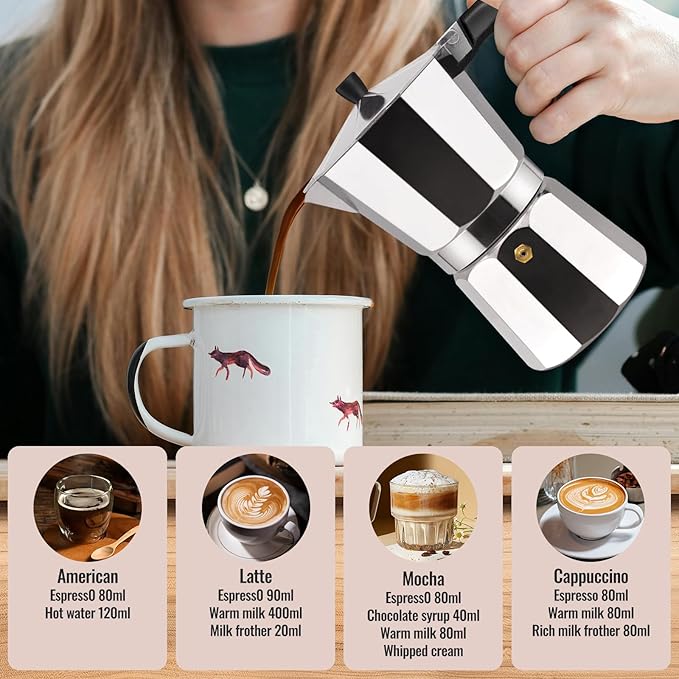 6 Cup Aluminum Moka Pot Classic Stovetop Espresso Coffee Maker 300ml 10oz Coffee maker Percolator Mocha Pot Greca Coffee Maker Cafe Makers for Italian and Cuban Café Brewing Silver
