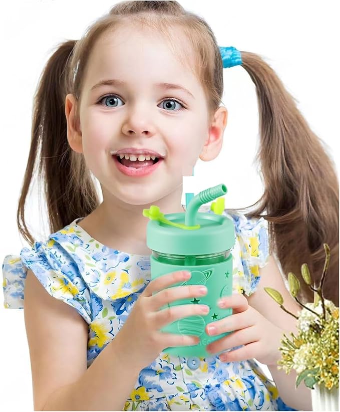 PandaEar Kids & Toddler Glass Cups, 4 Pack Glass Mason Jar Cups 8.45 oz with Silicone Sleeves & Straws, Toddler Spill-Proof Smoothie & Snack Cups