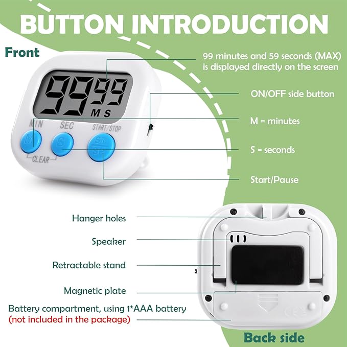 Kitchen Timers 4 Pack, Electronic Timers with Loud Alarm for Cooking, Magnetic Digital Timers Big LCD Display 4 White(No Battery Included)