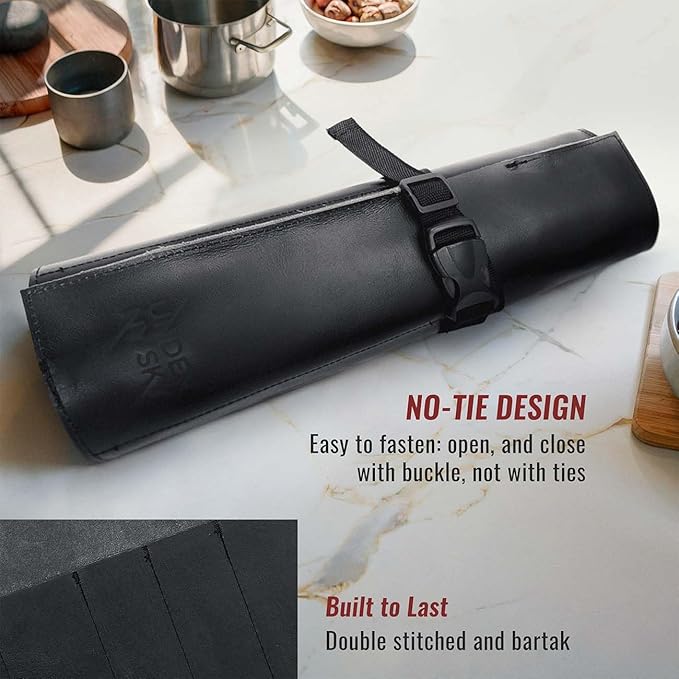 Under NY Sky Genuine Leather Knife Roll Case - 6 Slots - Real Leather Pouch - Portable Bag for Cooking Tools, Utensils, Cutlery Knives, Brushes - Chefs, Kitchen, Travel, Gift - Black