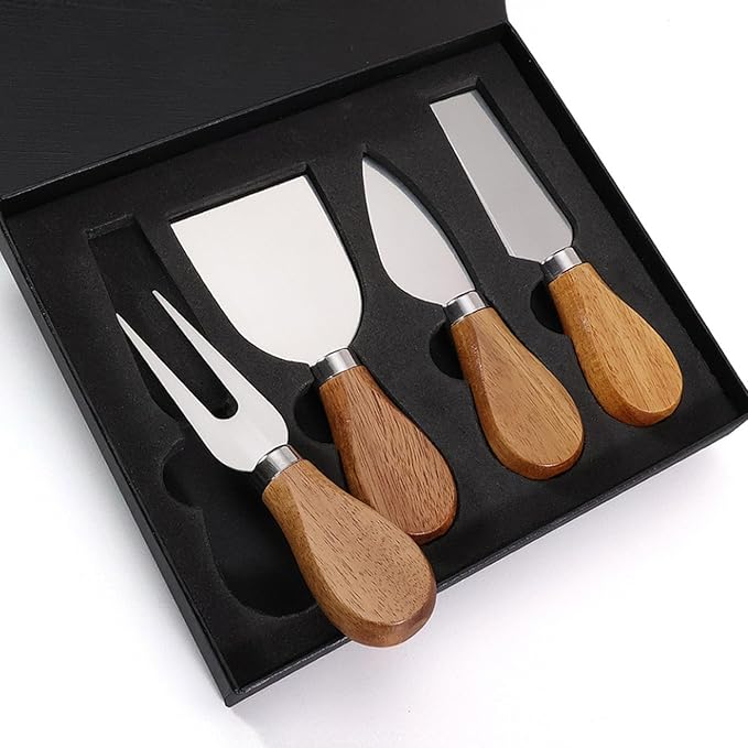 4 Piece Cheese Knife Set,Cheese Knives Wood Handle Stainless Steel Slicer Spreading Cheese Knife Gift Set for Charcuterie anCheese spread, Perfect for Cheese Slicer and Butter Cutter