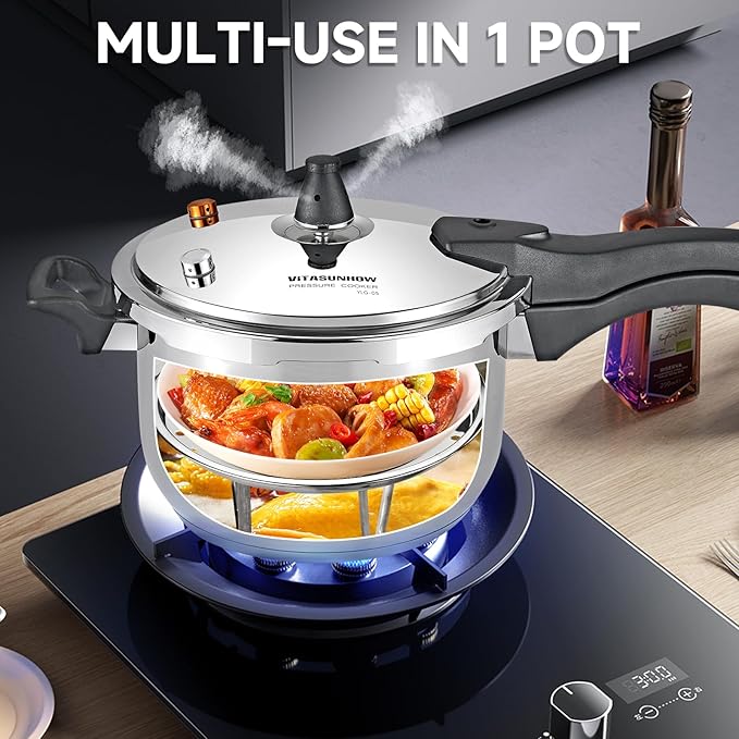 VITASUNHOW Stainless Steel Pressure Cooker with Steamer Basket Faster Cooking and Safety Pressure Release (11-Liter)