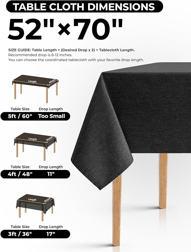 Waterproof Farmhouse Table Cloth for 4 Ft Rectangle Table, Anti-Scratches Small Outdoor Dining Table Cloth for Party, Camping, Banquet and Wedding (Oblong, 52 x 70 Inch (4-6 Seats), Black)