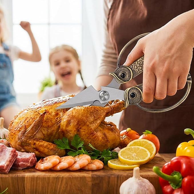 WARMHEART Owl Kitchen Scissors All Purpose, Stainless Steel Heavy Duty Sharp Shears for Meat, Chicken, Fish, Poultry, Herb, Bread (Golden, Large)