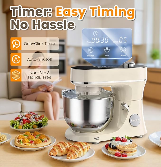 Bonnor Stand Mixer 6QT Kitchen Mixer with LED Smart Touchscreen, 11-Speed Tilt-Head Mixer with Timer, 4 Preset Menus, Stainless Steel Bowl, Dough Hook, Whisk, Beater,White
