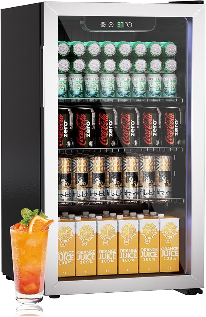 Compact Beverage Refrigerator Cooler, 105 Can/3.0 Cubic Feet Mini Fridge with Glass Front Door, Digital Display Small Refrigerator with Adjustable Shelves for Soda, Beer or Wine
