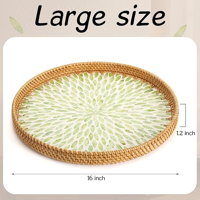 16 inch Round Rattan Tray with Mother of Pearl Inlay Wicker Serving Tray with Wooden Base Boho Decorative Wicker Basket for Table Decor Bathroom Candle Perfume (Green Leaf)