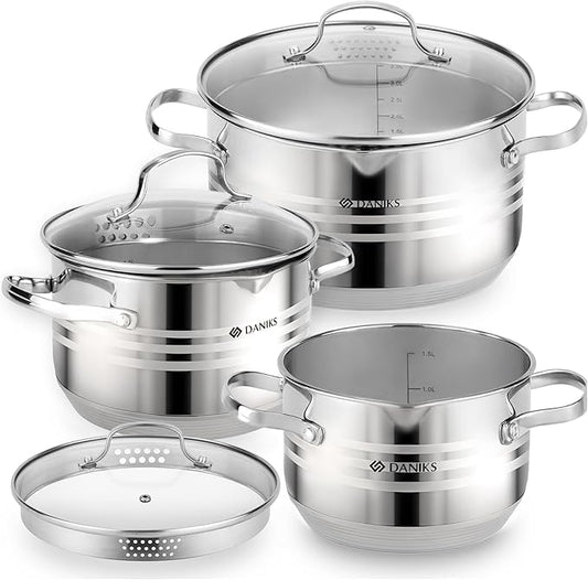 Daniks Tokio Stainless Steel Cookware Set, 6-Piece – 2 qt, 3 qt, 4.5 qt Pots with Glass Strainer Lids, Induction Ready, Dishwasher Safe, Measuring Scale, Silver