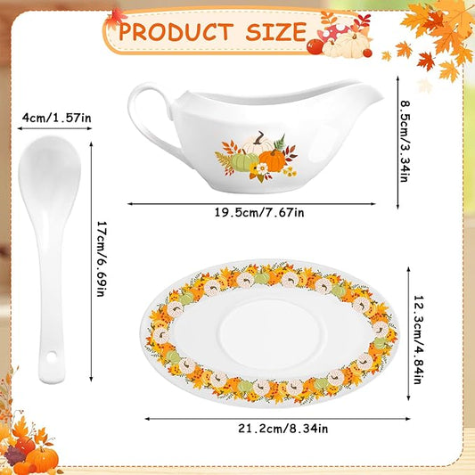 16OZ Thanksgiving Gravy Boat with Ladle and Saucer Ceramic Gravy Boat Thanksgiving Serveware for Salad Dressings, Creamer, Broth, Black Pepper Used at Weddings Parties Christmas or Daily Use