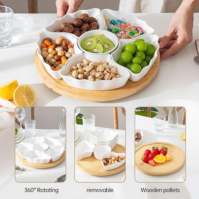 Porcelain Divided Serving Dishes, Relish Tray, 12'' Serving Tray and Platter with 6 Removable Compartment, for Party, Kitchen Decor, for Chips and Dip, Fruits, and Condiment