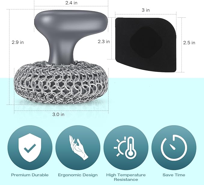 Purgreat Cast Iron Scrubber | Dish Scrub Brush | 316 Cleaner Chainmail Scrubber for Cast Iron Pan Skillet Cleaner - Dish Scouring Pad Dishwasher Safe Cleaning Kit, Grey 02