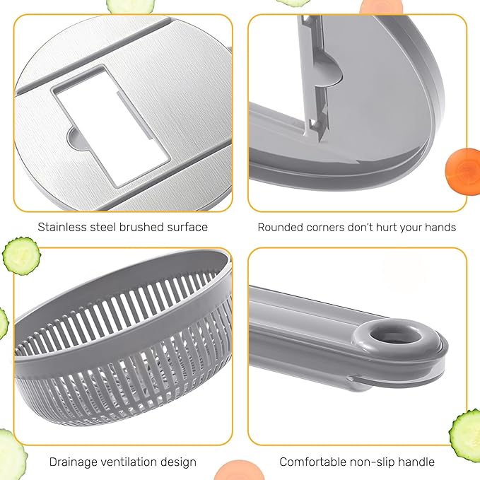 Mandoline Slicer with Hand Protector, Interchangeable Blade Vegetable Slicer Mandoline, Cucumber Slicer with Colander for Potato, Tomato, Carrot (Grey)