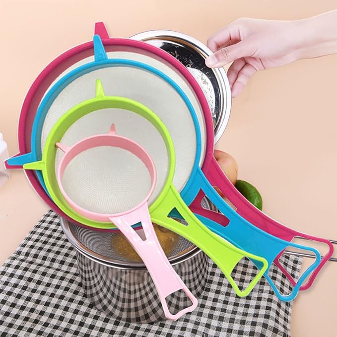 4Pcs Plastic Mesh Strainer Colander Set, Food Soy Milk Flour Sieve Long Handle Sieve Strainer Icing Sugar Sifters Fine Strainer Tea Filter