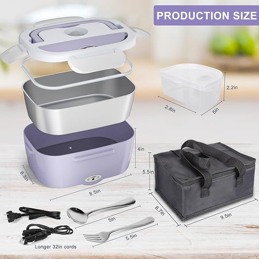 Electric Lunch Box Food Heater - 3 in 1 Portable Leakproof Heated Lunch Box for Car/Home/Adults with 1.5L Removable 304 Stainless Steel Container, 60-80W, 12V/24V/110V (Light Purple)