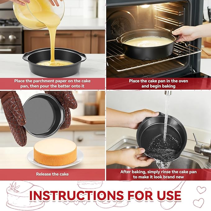 Funnydin 6 Inch Cake Pans - 3PCS Carbon Steel Cake Pan with 200 Parchment Papers, Round Cake Pans with Handle, Nonstick & Non-Toxic, Easy Demolding & Dishwasher Safe