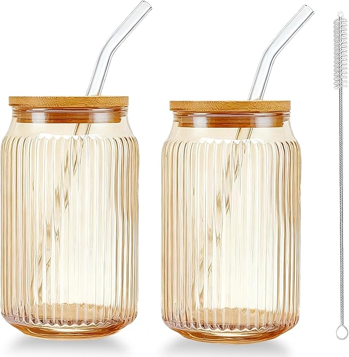 2 PCS Glass cups with Lids and Straws, 16 OZ Iced Coffee Cups, Ribbed Glass Tumbler with Straw and Bamboo Lid, Thick Drinking Beer Glasses for Coffee, Juice, Match Cup with Cleaning Brush (Yellow)