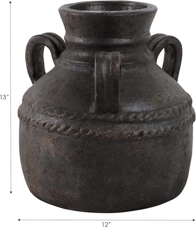 Terracotta Triple Handle Vase for Living Room Decor - Casual Home Decor Accent for Entryway, Bedroom, and Office Shelf - Decorative Flower Vase for House and Dining Room Table - 12", Black