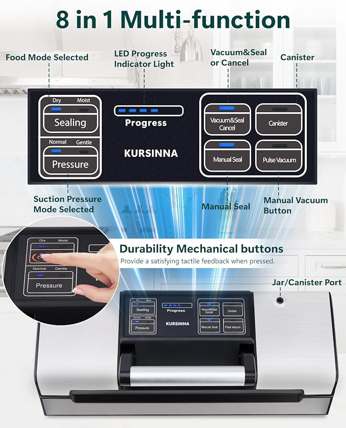 Vacuum Sealer Machine, 8 in 1 Multi-function Dry/Moist Modes For Food Preservation, Powerful Food Sealer with Built-in Cutter and Bag Storage | VS5738