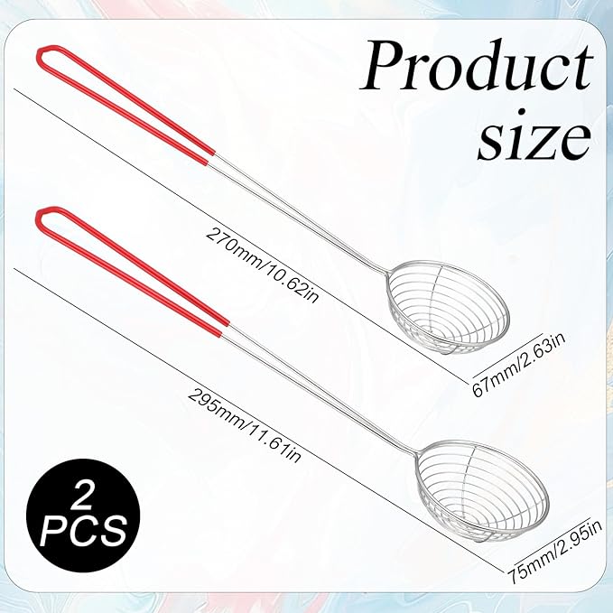 2Pcs Stainless Steel Hot Pot Strainer Spoons, 2 Sizes Fatsoff Soup Scoop Boba Spoon Scoop with Handle Ladle Wire Cooking Spider Skimmer Spoon for Hot Pot, Kitchen, Meatball, Oil Filter