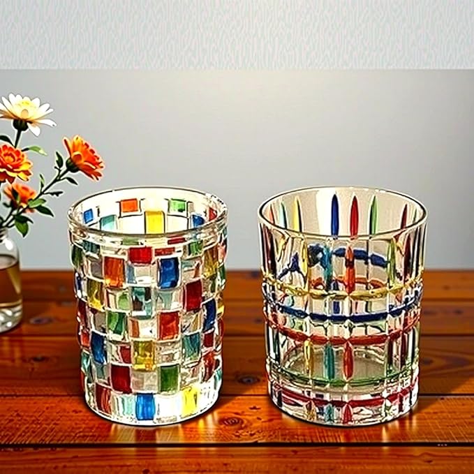 Set of 6 or 5 Hand-painted Colorful Glass Tumblers, Drinking Glassware, Cocktail Glasses for Iced Coffee Juice Tea Beverage Milk Wine With Artistic Design