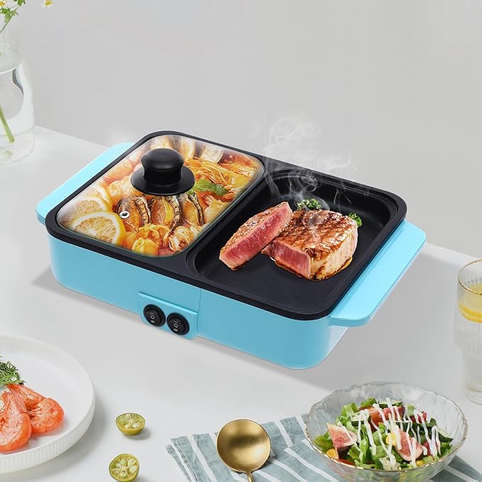 Electric Hot Pot With Grill, 2-in-1Non-Stick Pan For Boiling & Frying with 149°F to 482°F Two Temperature Settings, Electric Hot Pot With Grill for Korean BBQ, Steaks, Shabu Shabu and Noodles (Blue)