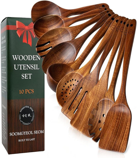 100% Natural Teak Wood Wooden Utensil Set – 10 Pcs Durable Kitchen Spoons for Cooking – Non-Stick & Heat Resistant, Eco-Friendly & Comfortable Grip
