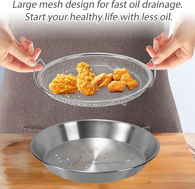 Stainless Steel Oil Strainer Set, 2-Piece Mesh Draining Rack with Catch Pan, Cooking Oil Filter, Oil Drain Pan, Grease Strainer, for Deep Frying, Kitchen Cooking (Large)
