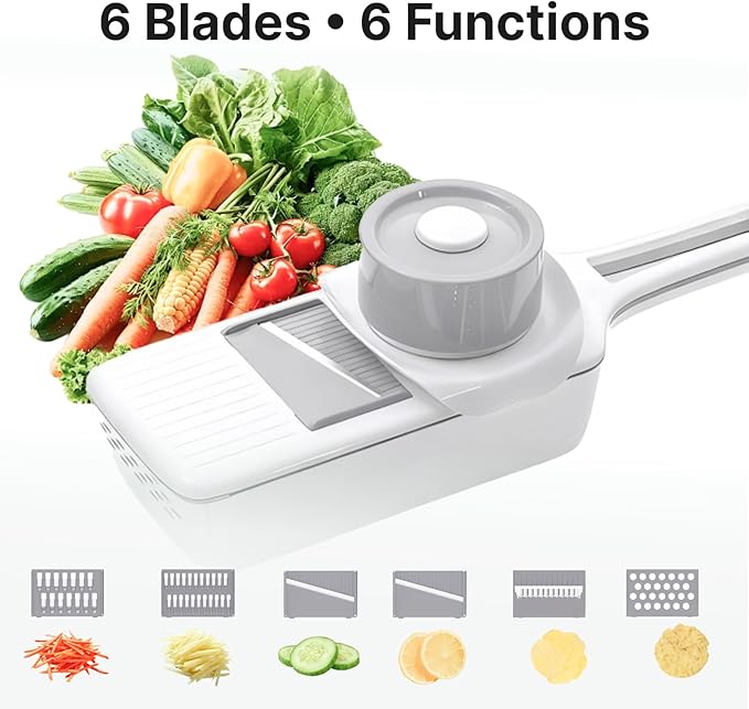 Mandoline Slicer for Kitchen with Drain Box, 6-in-1 Handheld Vegetable Slicer for Salad Prep, Cucumber & Cabbage Slicer with Safety Guard, Upgraded Long Handle Veggie Slicer for Easy Cleaning