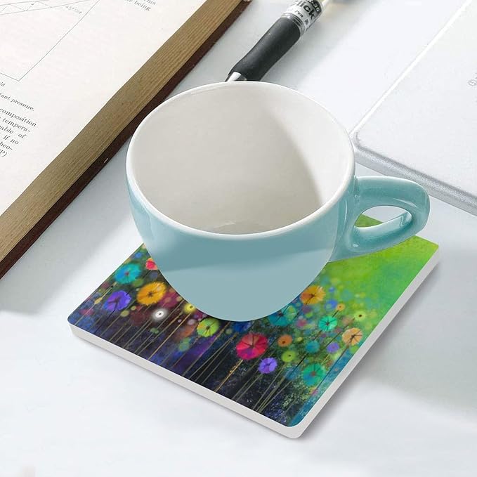 Square-6PCS Floral Ceramic Coasters, Square Absorbent Drink Coasters, Watercolour Abstract Wildflower Nature Plant Colorful Floral Ceramic Table Coasters for Coffee, Beverage, Wine, Beer Coasters