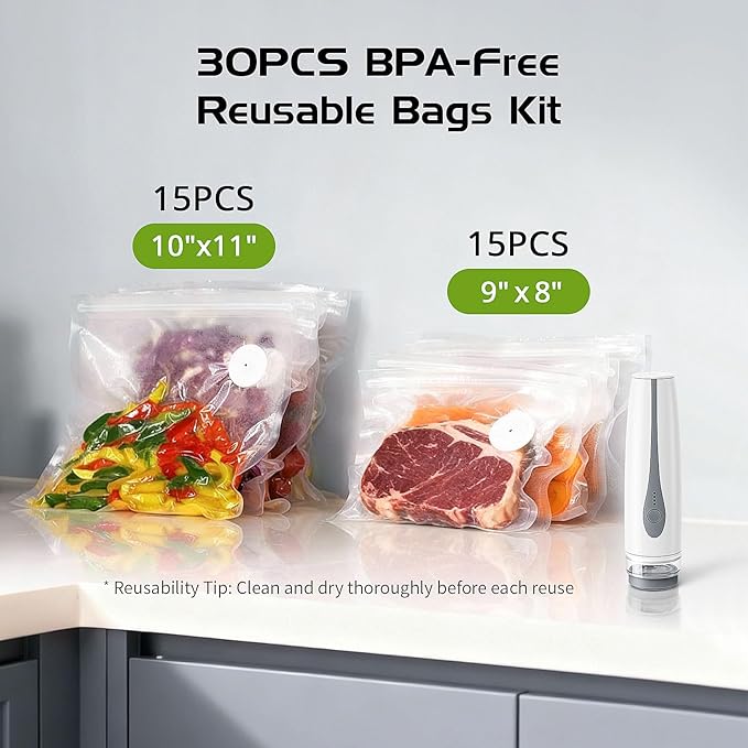 Compact Vacuum Sealer, Portable Handheld Food Sealer with 30 Reusable Bags, Mini Rechargeable Vacuum Sealing Machine to Preserve Food Freshness & Storage