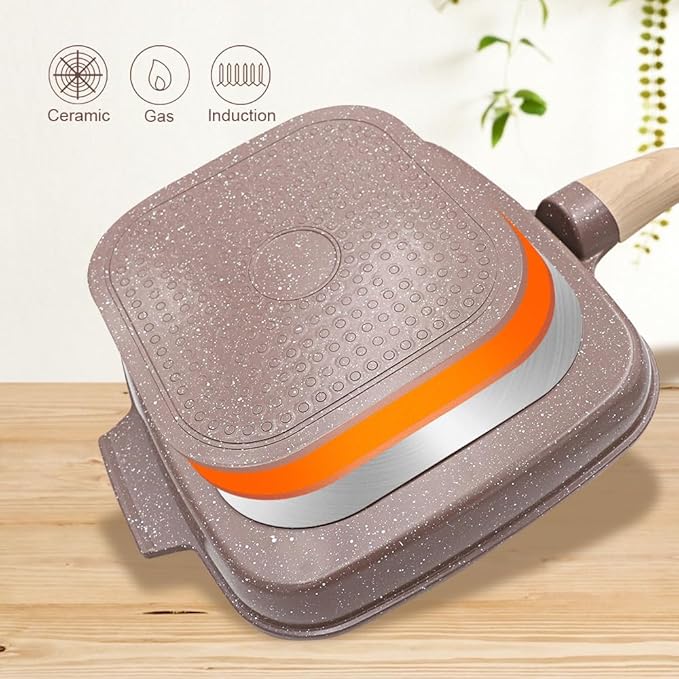 RANX INGST Nonstick Griddle Pan with Lid 10 Inch, Ceramic Coating, Detachable Handle, PFOA Free, Brown