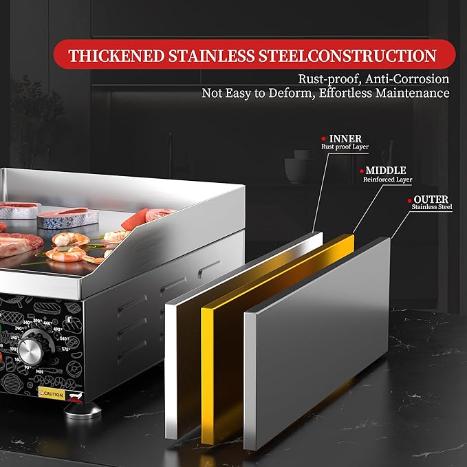Electric Griddle,1800W 14 Inch Flat Top Grill Commercial Electric Griddles,14 Inch Electric Countertop Griddles Stainless Steel Adjustable Temperature Control 90℉-575℉ for Home or Restaurant Use