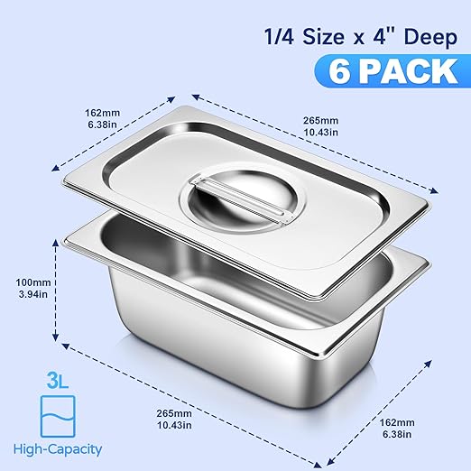 Hotel Pan With Lids 1/4 Size 4 Inch Deep Stainless Steel Chafing Dishes for Buffet, Steam Table Pan, Metal Commercial Food Pans for Food Prep/Catering/Food Serving (6 Pack, Half Size 1/4 x 4" Deep)