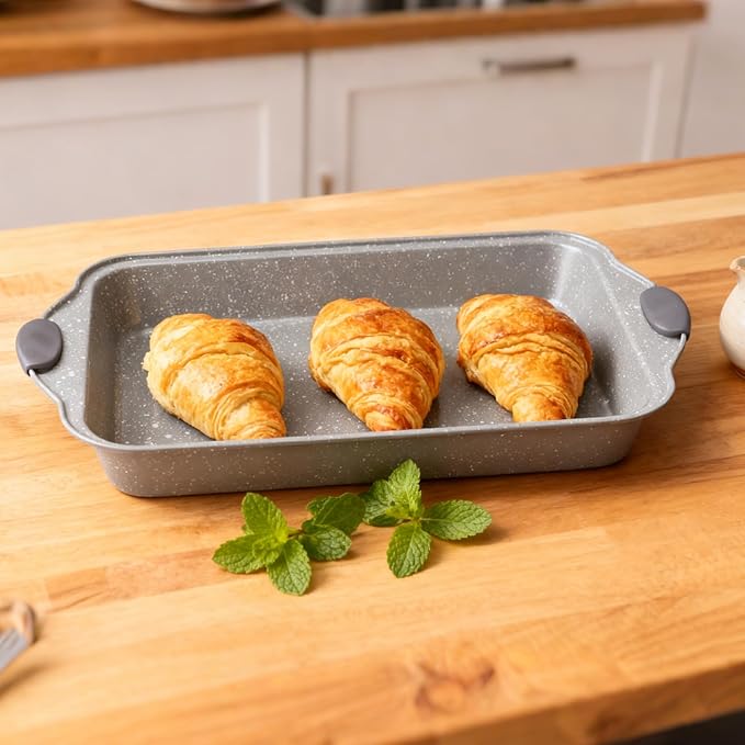 Anveena 3-Piece Nonstick Kitchen Oven Baking Pans - Premium & Stylish Non-Stick Steel, Commercial Grade Restaurant Quality Metal Bakeware with Red Silicone Handles - Easy to Clean gray