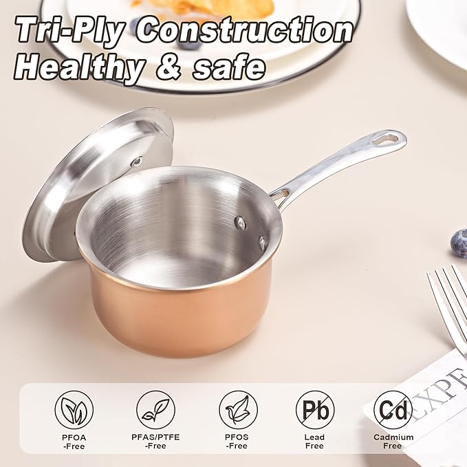KC-Emier Mini Sauce Pan with Lid, Tri-Ply Stainless Steel Pot with Stay-Cool Handle & All Cooktop Compatibility (Gas, Ceramic, Electric) - Copper