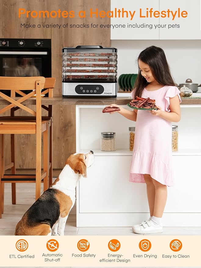 FOHERE Food Dehydrator, 5 BPA-Free Tray Dehydrators for Food and Jerky, Fruit, Herbs, Meat, Dog Treats, 48H Timer and 95-158°F Temperature Control, 400W Dehydrator Machine, 11.42" Stackable Trays