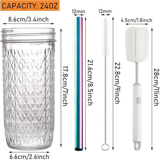 2 Pcs Glass Cups Set - 24oz Mason Jar Drinking Glasses with Bamboo Lids & Straws & 2 Airtight Lids, Cute Reusable Smoothie cup, Iced Coffee Glasses, Travel Tumbler for Bubble Tea, Juice, Gift