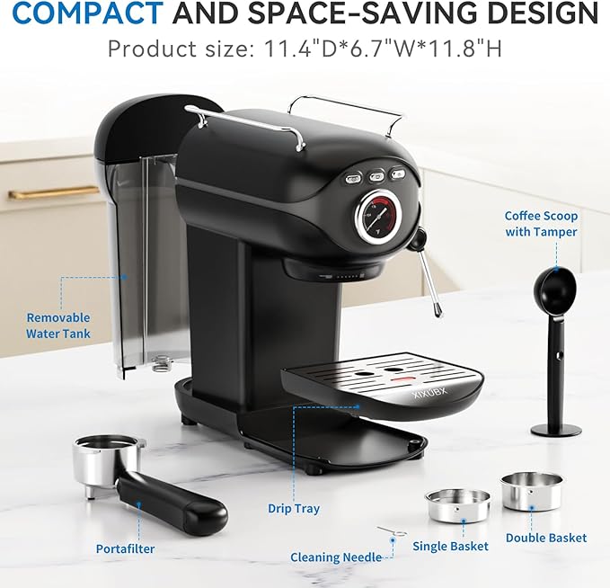 XIXUBX Espresso Machine 20 Bar, Compact Coffee Maker with Milk Frother Steam Wand Professional Espresso Coffee Machine with Removable Water Tank, Latte Cappuccino Machine for Home Office Use, Black