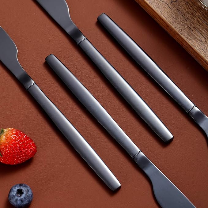 Berglander Black Dinner Knives Set Of 4, Titanium Shiny Black Plating Stainless Steel Dinner Knife, Butter Knife Table Knives Dishwasher Safe