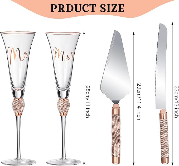 Boao 4 Piece Wedding Champagne Flutes and Cake Knife Server Set Crystal Mr and Mrs Toasting Flutes Rhinestone Cake Cutting Set for Bride and Groom Wedding Engagement Bridal Shower Gifts(Rose Gold)