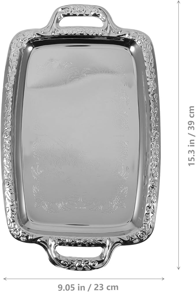 Rectangular Silver Serving Tray - Vintage Metal Tray for Whiskey - Dining Tableware and Decorative Platter Perfect for Entertaining and Home Decor