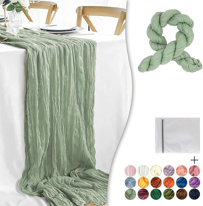 Sage Green Cheesecloth Table Runner 1 Pack 35" Boho Gauze Table Runner 120 inches Long Runner Rustic Sheer Fabric Bulk for Baby Shower Wedding Bridal Birthday Party Table Decorations